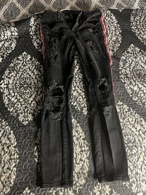 Black Distressed Skinny Jeans with Red Side Stripe - Men's